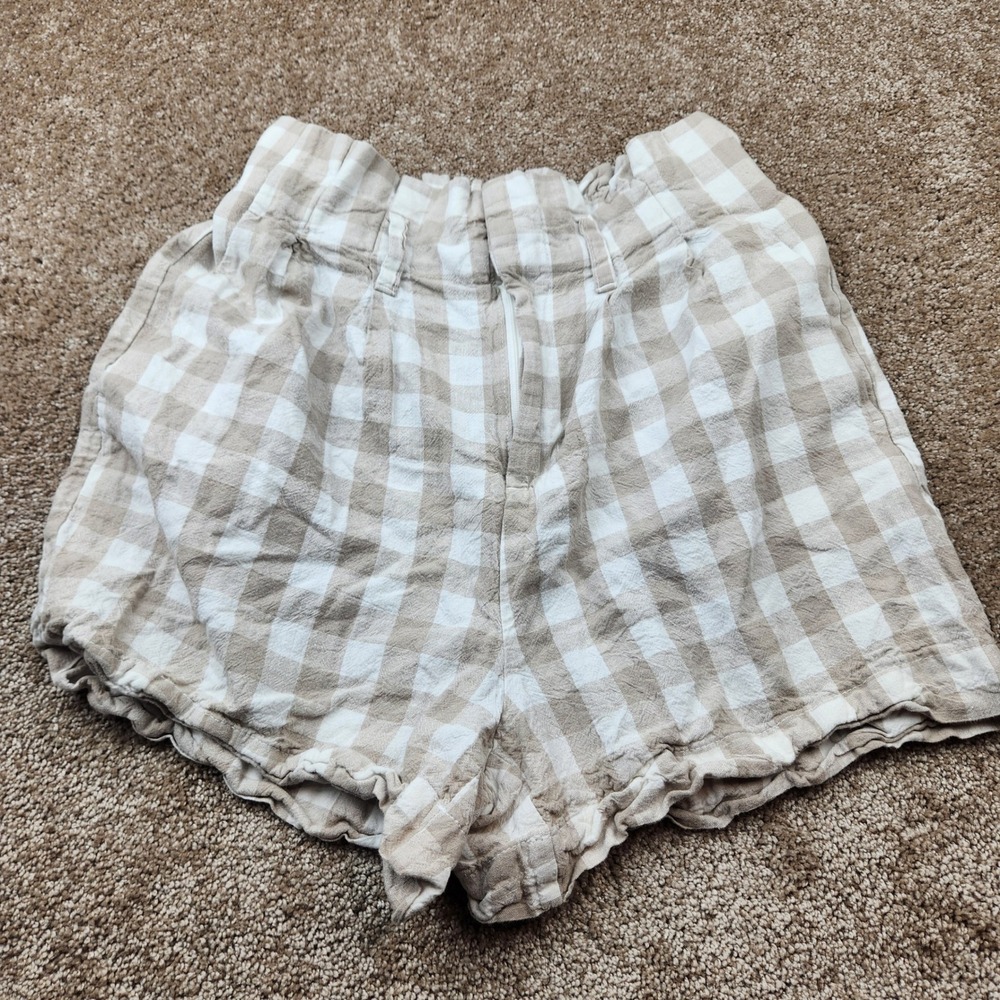 A New Day Tan Gingham Paperbag Waist Shorts High Rise XS Tan White Checkered‎